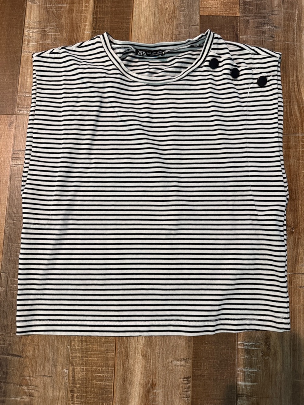 Zara Black & White Striped Sleeveless Tank with Shoulder Buttons